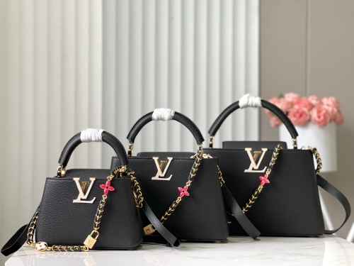 No.57085       M23950/M48865     21*14*8cm    27*18*9cm   31.5*20*11cm  black Flower padlock style Capucines handbag