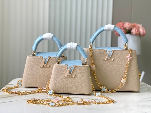 No.57082      M23952/M48865   16.3*11*6.5cm     21*14*8cm     27*18*9cm   Light blue floral padlock design Capucines handbag