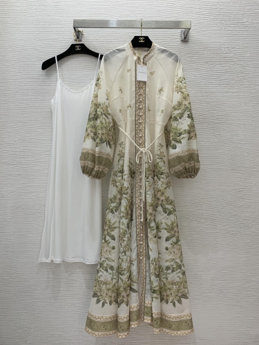 No.91427   G24081468    ZIMMERMANN  Floral print front button open collar stand collar lantern sleeve long dress Equipped with a waistband S -M -L -XL