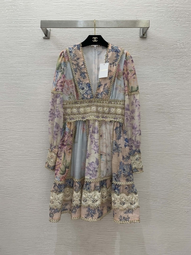 No.91419    G24070464    ZIMMERMANN  High end customized fashionable color blocked printed gold thread splicing V-neck long sleeved dress S -M -L -XL