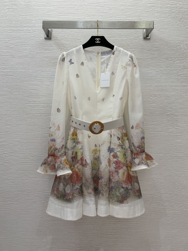 No.91424    G24062176   ZIMMERMANN  Butterfly floral print waist slimming flared sleeve V-neck dress Comes with a belt S -M -L -XL