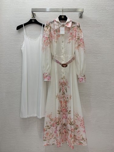 No.91425    G24081473   ZIMMERMANN  Pink floral print front buckle open collar long sleeved dress Equipped with a waistband S -M -L -XL