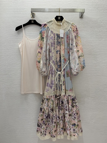 No.91416   D24042437     ZIMMERMANN  High end customized cotton linen blended fabric Lace stand up collar contrasting patchwork dress S -M -L -XL