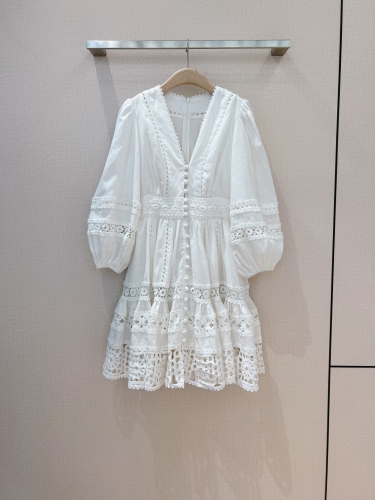 No.91440   K230332   ZIMMERMANN  Ivory white patchwork style V-neck bubble sleeve mini dress Linen fabric S M L XL