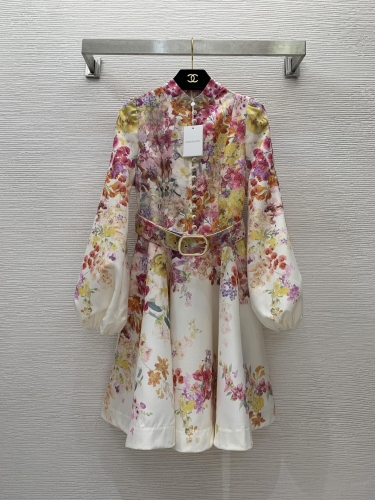 No.91438   G24030834   ZIMMERMANN  Floral print buckle open collar stand collar lantern sleeves cinched waist big swing dress S M L XL