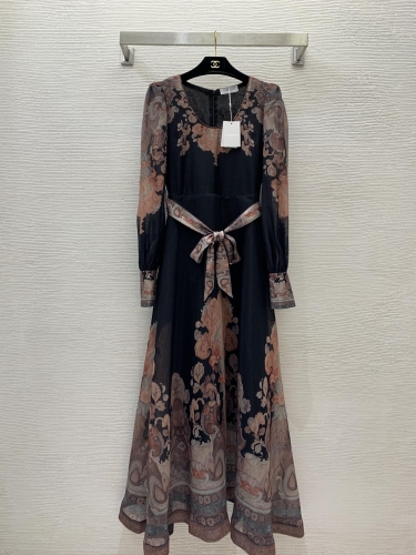 No.91430   G24061249    ZIMMERMANN  Retro printed waist cinching slimming U-neck long sleeved dress with a large swing S -M -L -XL