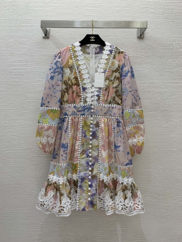 No.91459   D24061749   ZIMMERMANN  Lace water soluble flower splicing contrasting print waist cinched V-neck lantern sleeve dress S M L XL