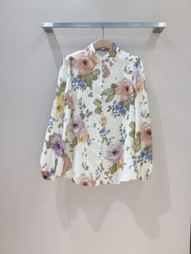 No.91463   K240122  ZIMMERMANN  Small high necked lantern sleeve shirt with ivory white floral pattern S M L XL