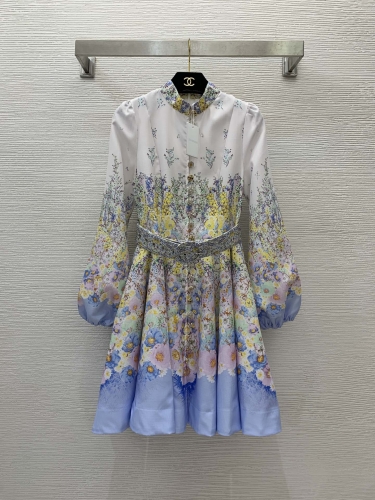 No.91461   G24050638   ZIMMERMANN  Yellow and blue floral print single row diamond button stand collar lantern sleeve dress S M L XL