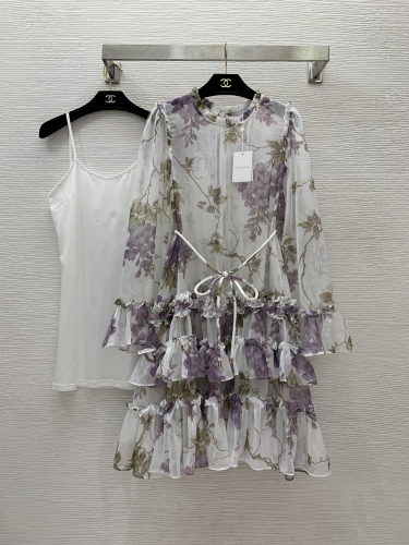 No.91455   G24060654  ZIMMERMANN  Purple floral print, black fungus edge splicing, layered cake skirt, large swing dress S M L XL