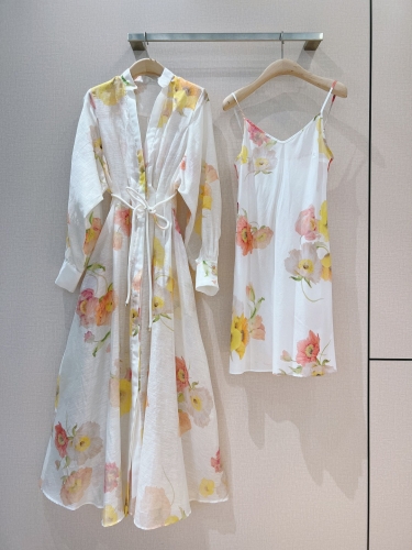 No.91443   K240341   ZIMMERMANN  Colorful spring flower patterned shirt jacket style lantern sleeve dress Mulberry silk linen fabric S M L XL