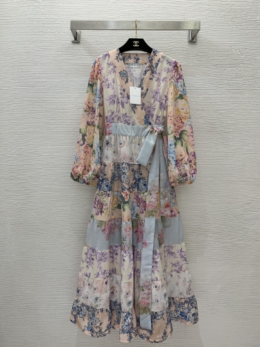 No.91448   D24040728   ZIMMERMANN  Color blocking floral print layered splicing one-piece wrapped strap lantern sleeve V-neck dress S M L XL