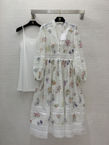 No.91465   D24060834   ZIMMERMANN  Hollow lace patchwork watercolor floral print waist cinching V-neck dress S M L XL