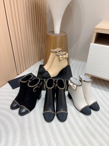 No.64981    Chanel Chain side bow, thick heel, short boots Imported sheepskin shoe upper 6.5cm 35-41