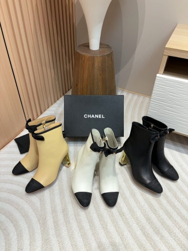 No.64992   Chanel Bow metal thick high-heeled short boots Imported sheepskin shoe upper 8cm 35-42