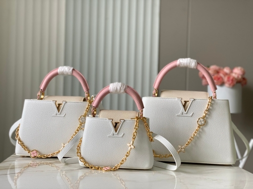 No.57164     M11343/M48865   21*14*8cm   27*18*9cm   31.5*20*11cm  White Pinduofen Enamel chain Capucines handbag