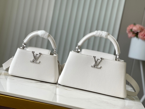 No.57157    M24671/M48865     22*12*8cm   30*19*9cm  White lava style Capucines East West handbag Granular cowhide leather