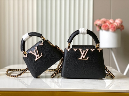 No.57166   M10166/M48865    16.3*11*6.5cm    21*14*8cm  Black and white shell mother chain terms Nano Capucines handbag Grain Taurillon leather