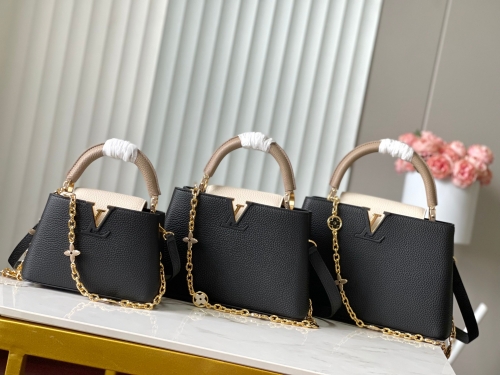 No.57163   M25386/M48865     21*14*8cm     27*18*9cm     31.5*20*11cm   Black and grey Enamel chain Capucines handbag