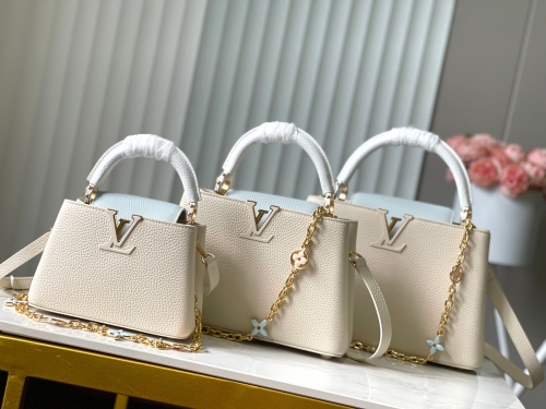 No.57165     M25339/M48865    21*14*8cm   27*18*9cm   31.5*20*11cm  Milk white mixed with light blue Enamel chain Capucines handbag