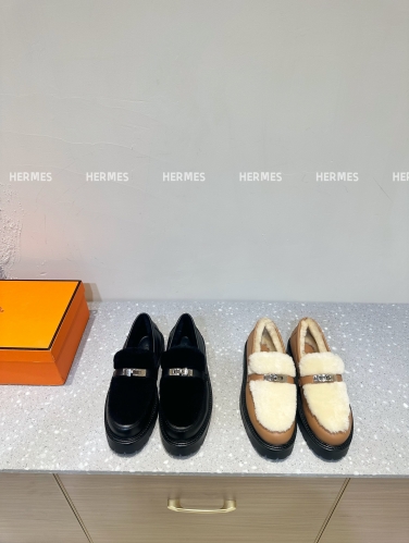 No.65007    Hermes Kelly buckle color blocked lamb wool thick sole round toe loafers Imported calf leather/lamb wool 35-41