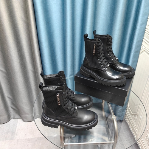 No.65126   Chanel Front lace up knight boots First layer cowhide splicing yarn fly woven fabric+sheepskin lining 35-41