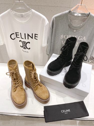 No.65186    CELINE Retro Arc de Triomphe Strap Boots Martin Boots Imported top layer cowhide+Lycra fabric surface Leather foot pads 5.5cm 35-40