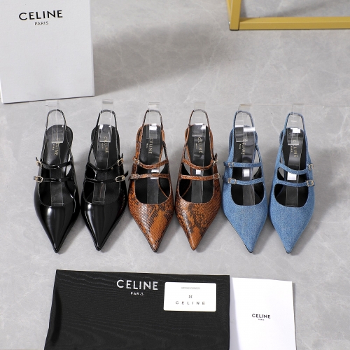 No.65237    CELINE Rear empty sandals Imported open edge pearl cowhide/threaded fabric/snake patterned leather 6.5cmSize：35-42 2025/3