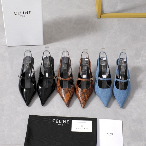 No.65238   CELINE Rear empty sandals Imported open edge pearl cowhide/threaded fabric/snake patterned leather 6.5cmSize：35-42 2025/3