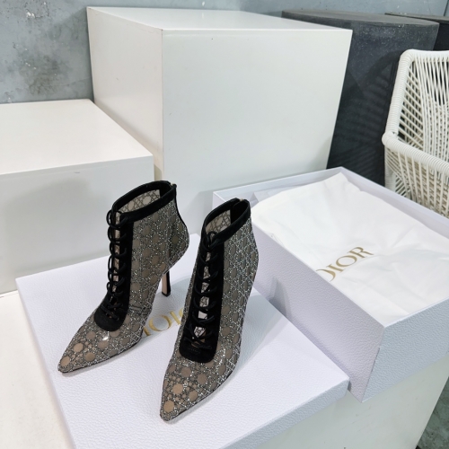 No.65264    Dior  Full Diamond Mesh Tribels Luxury Collection Rear zipper high-heeled short boots 10cm Size：35-42 2025/3