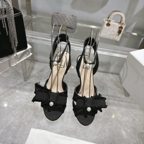 No.65258    Dior Tassel bow square toe pearl high-heeled hollow sandals Original customized tassel satin  Size：34-41 2025/3