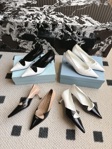 No.65275    PRADA Sharp pointed color blocked small heel leather shoes cow leather upper Inner footrest sheepskin 5cm Size：35-41 2025/3