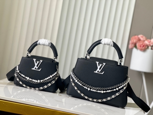 No.57504     M11908/M48865    21*14*8cm     27*18*9cm   Dynamic chip Capucines handbag Black splicing pearl three in one chain