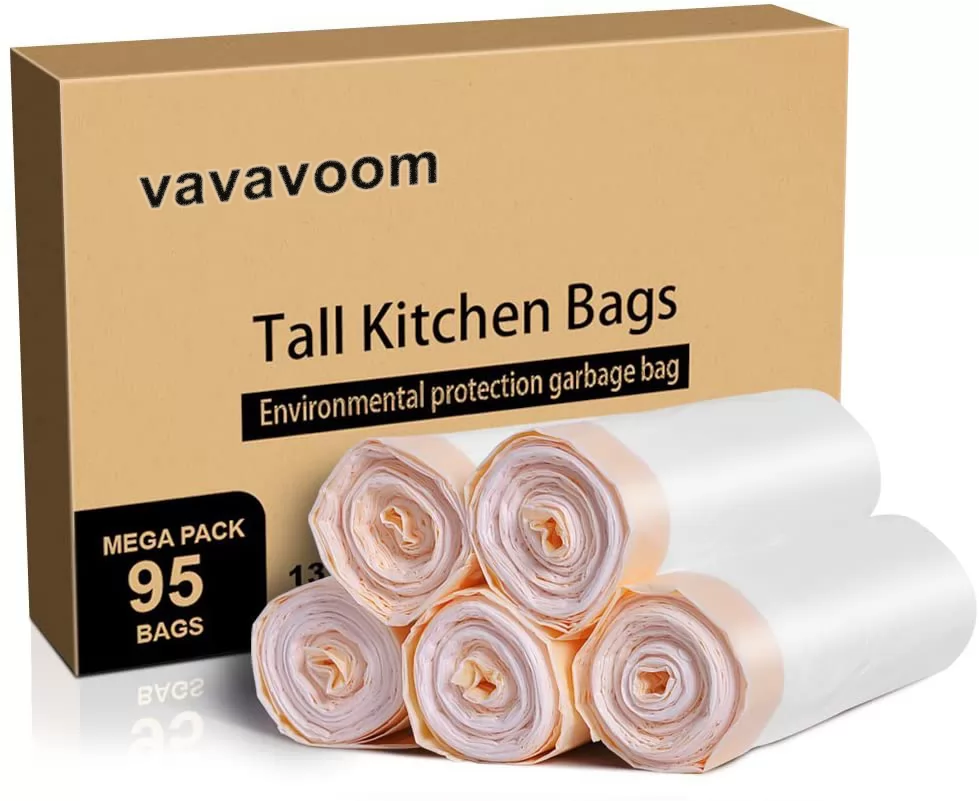 vavavoom Trash Bags,  Garbage Bags Kitchen Drawstring Strong Multipurpose White Bags for Trash Can Garbage Bin(5 Rolls/95 Counts)