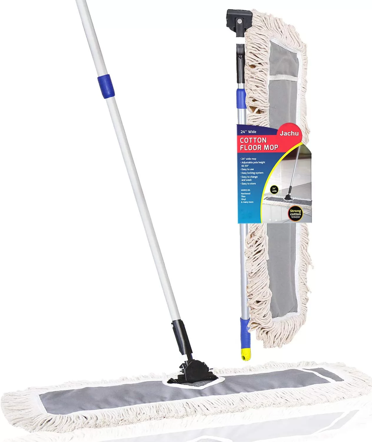 Jachu Premium 24-inch Industrial Class Cotton Wide Dust Mop Head (24" x 7") Telescopic Pole Height Max 61" | For Home, Office, Garage
