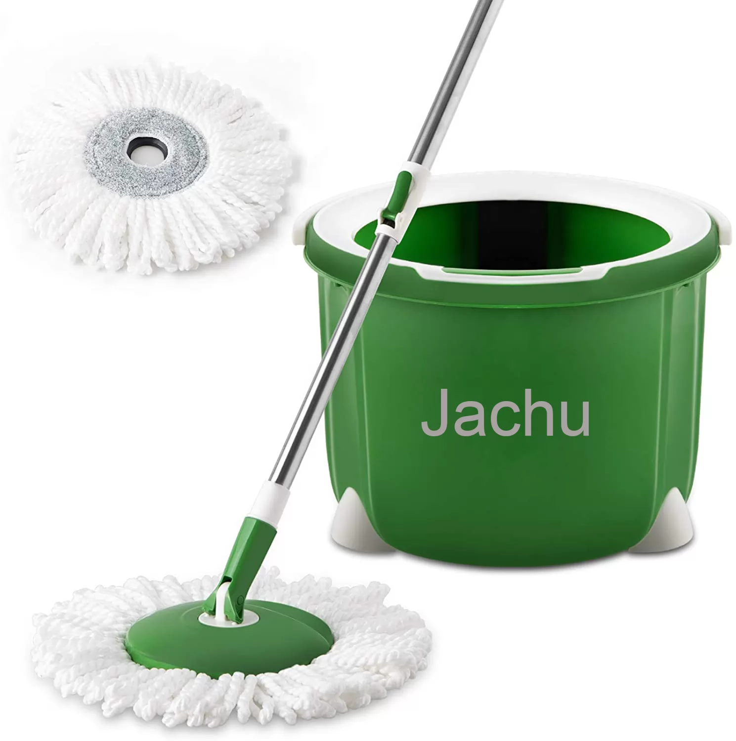 Jachu Microfiber Spin Mop Bucket System with Total 2 Mop Pads Wringer Floor Cleaning Stainless Steel Automatic Rotary Washing System