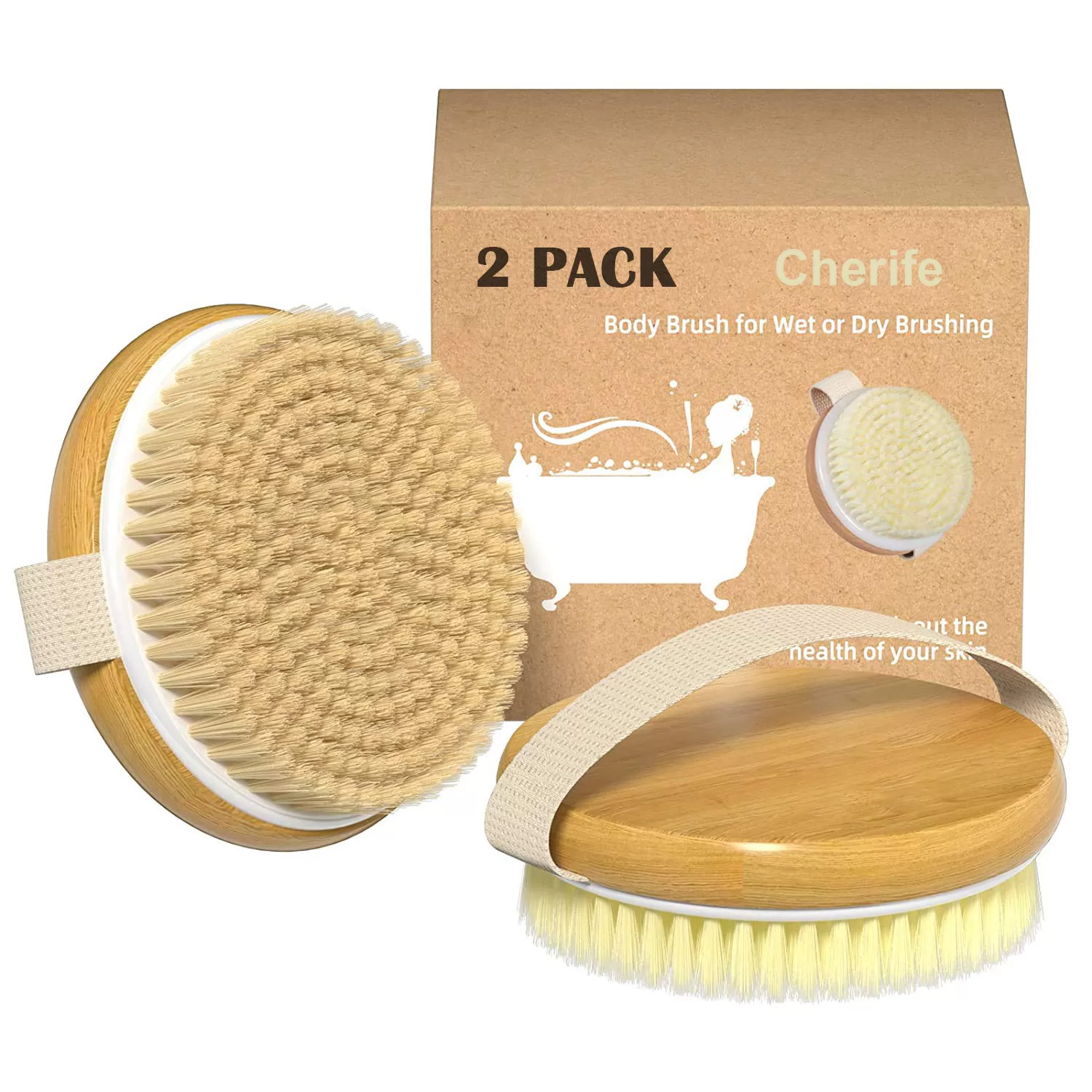 Cherife 2 Pack Dry Body Brush, Shower Brush Wet and Dry Brushing, Body Scrubber with Soft and Stiff Bristles, Suitable for All Kinds of Skin