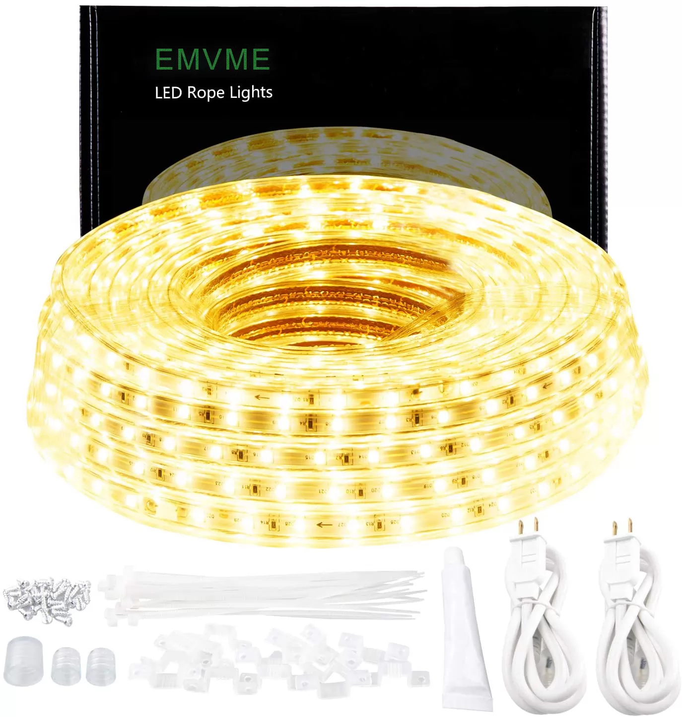 EMVME 50ft/15m LED Lights Strip kit,Waterproof, 3000K Warm White,110V 2 Wire, Flexible, 900 Units SMD 2835 LEDs, Ideal for Backyards, Decorative Light
