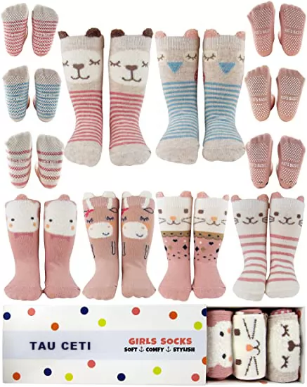 TAU CETI Baby Toddler Girls Animal Grip Tube Socks Anti-Skid Cartoon Newborn, Infant, Baby and Toddler Socks