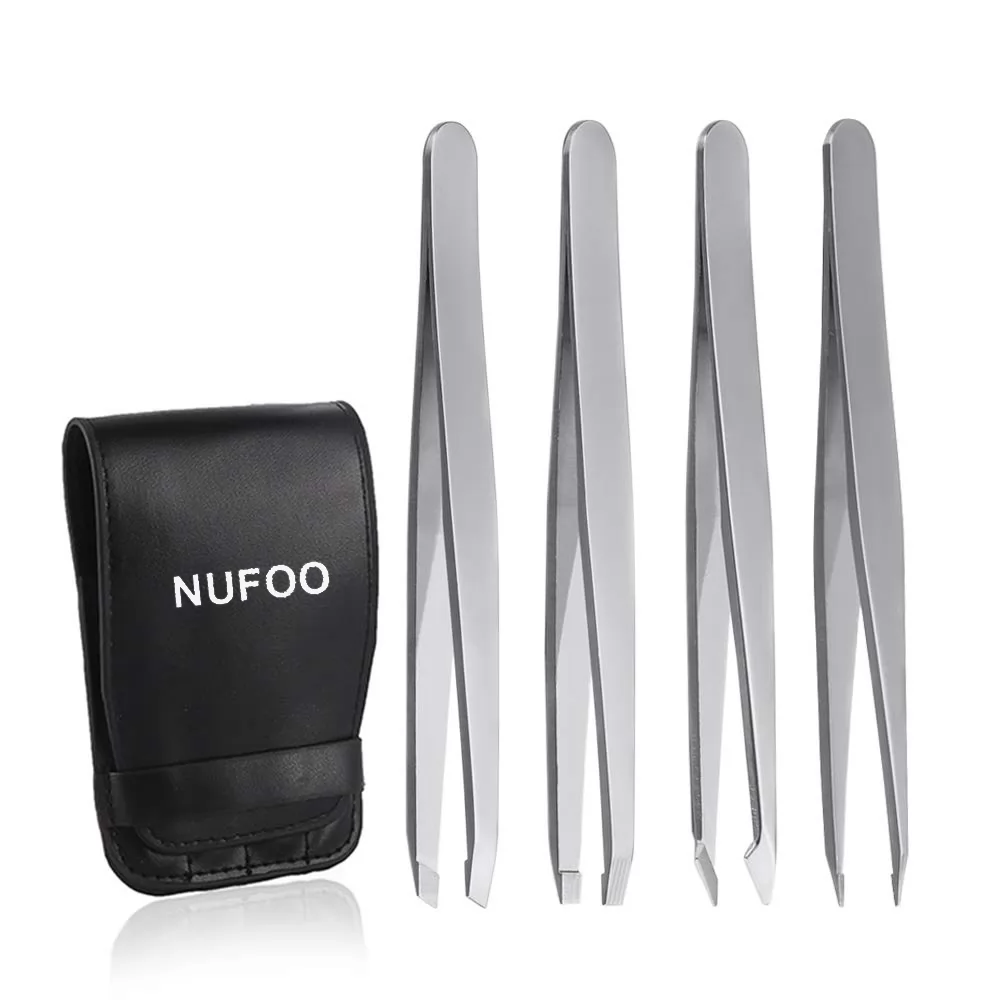 NUFOO Precision Stainless Steel Tweezers,Daily Beauty Tool Tweezers Set for Eyebrows & Facial Hair,Hair Removal Tool Set With Leather Case