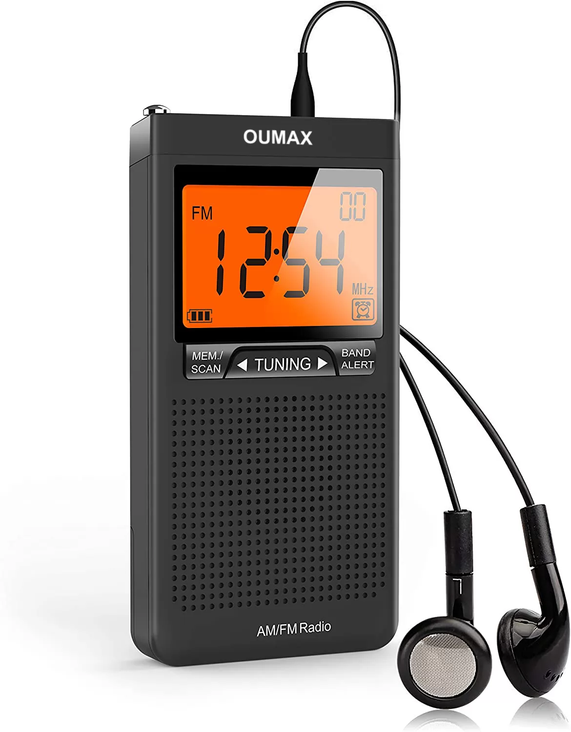 OUMAX AM FM Portable Radio Personal Radio with Excellent Reception Battery Operated by 2 AAA Batteries with Stero Earphone, Large LCD Screen