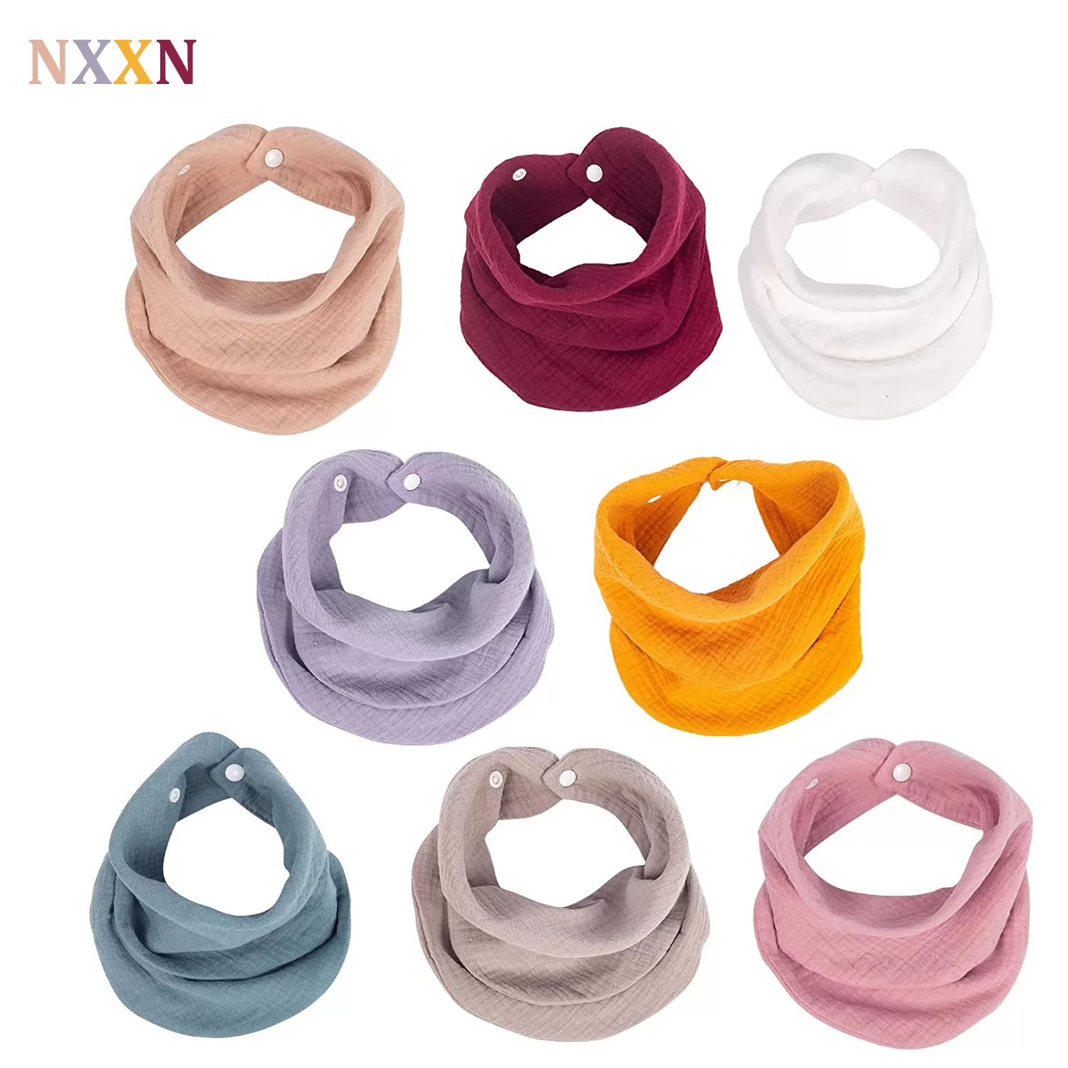 NXXN Muslin Baby Bandana Bibs, Multi-Use Scarf Bibs, Super Soft & Absorbent Drooling Bibs, Breathable Cotton Burp Cloths, 8 Pack (Solid Color)