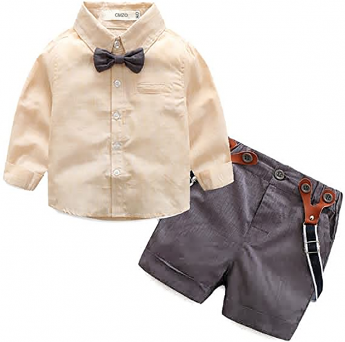 CMZO Baby Boy Shirt and Tie Sets Long Sleeve Woven Top+ Bowknot+ Shorts with Suspender Straps Outfits