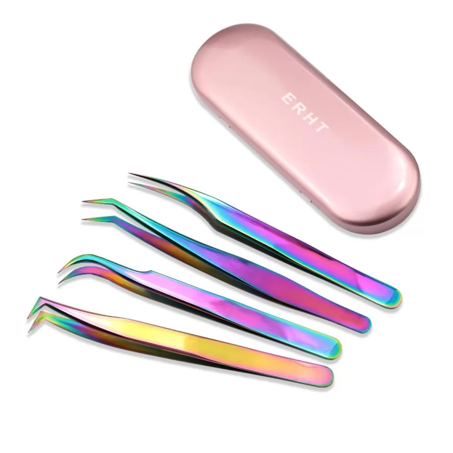 ERHT Eyelash Extension Tweezers Set, 4 PCS Stainless Steel Curved Tip Precision Tweezers Anti-static Professional Makeup Tool (4pcs, Rainbow)