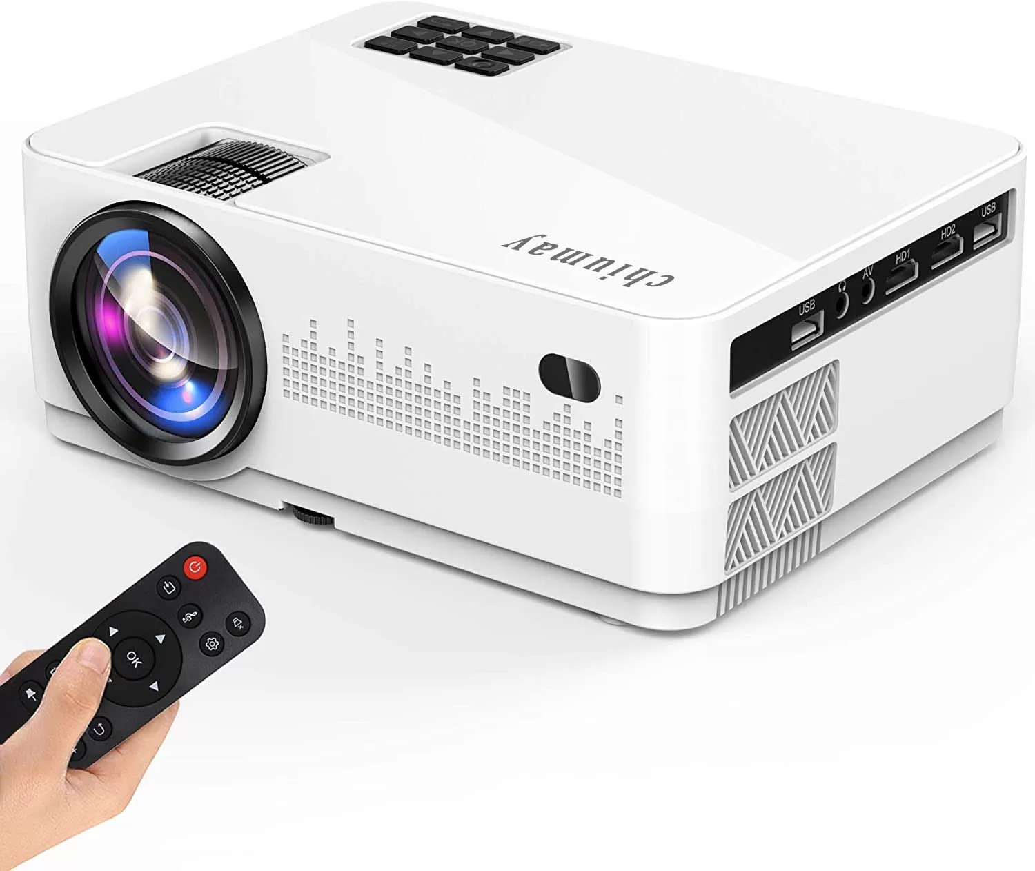 chiumay Mini Projector, 5000Lux Movie Projector, 1080P and 200" Screen Supported L21 Video Projector, with 2xHDMI/2xUSB Ports, Compatible with TV etc.