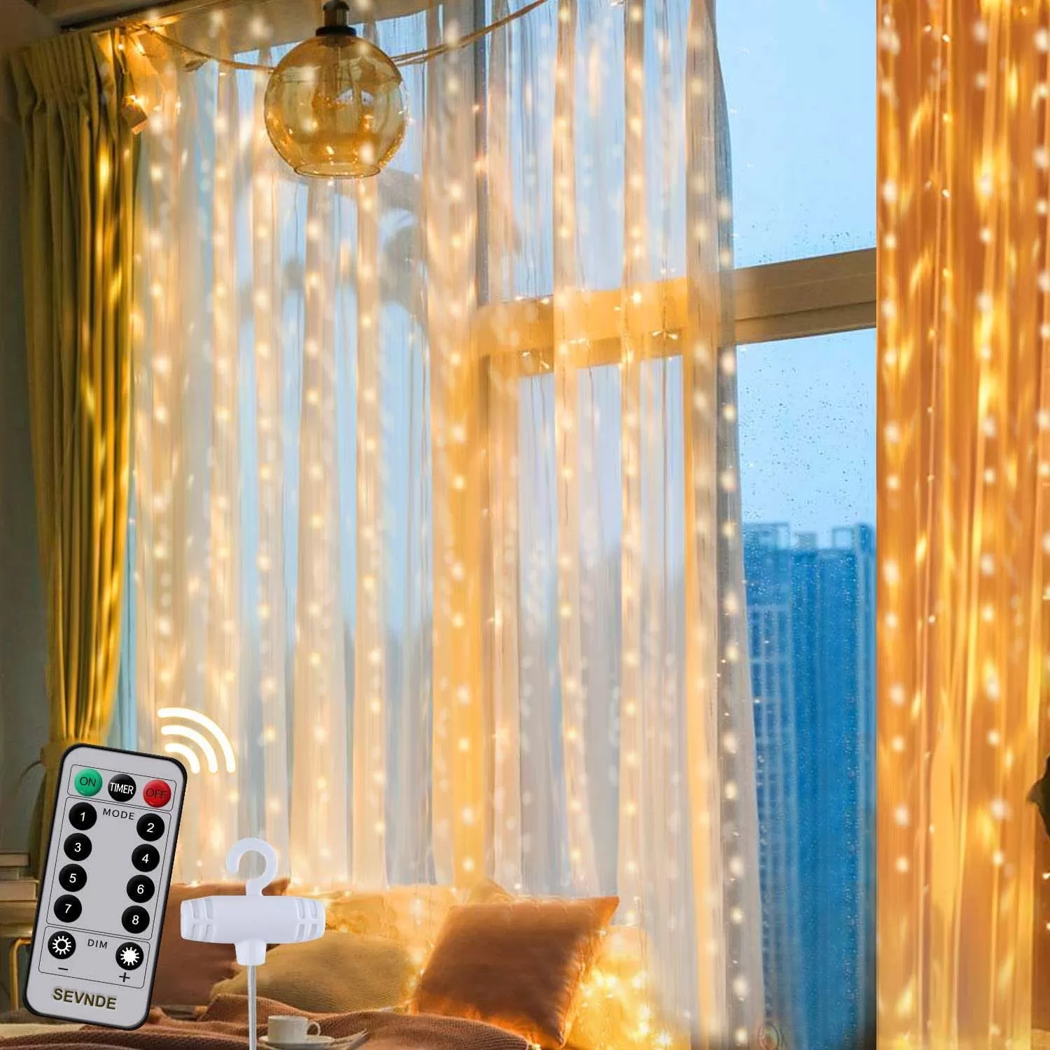 SEVNDE Curtain Lights, 8 Modes Hanging LED Curtain Lights for Bedroom,  USB Powered Waterproof  Fairy String Lights for Home Decorations