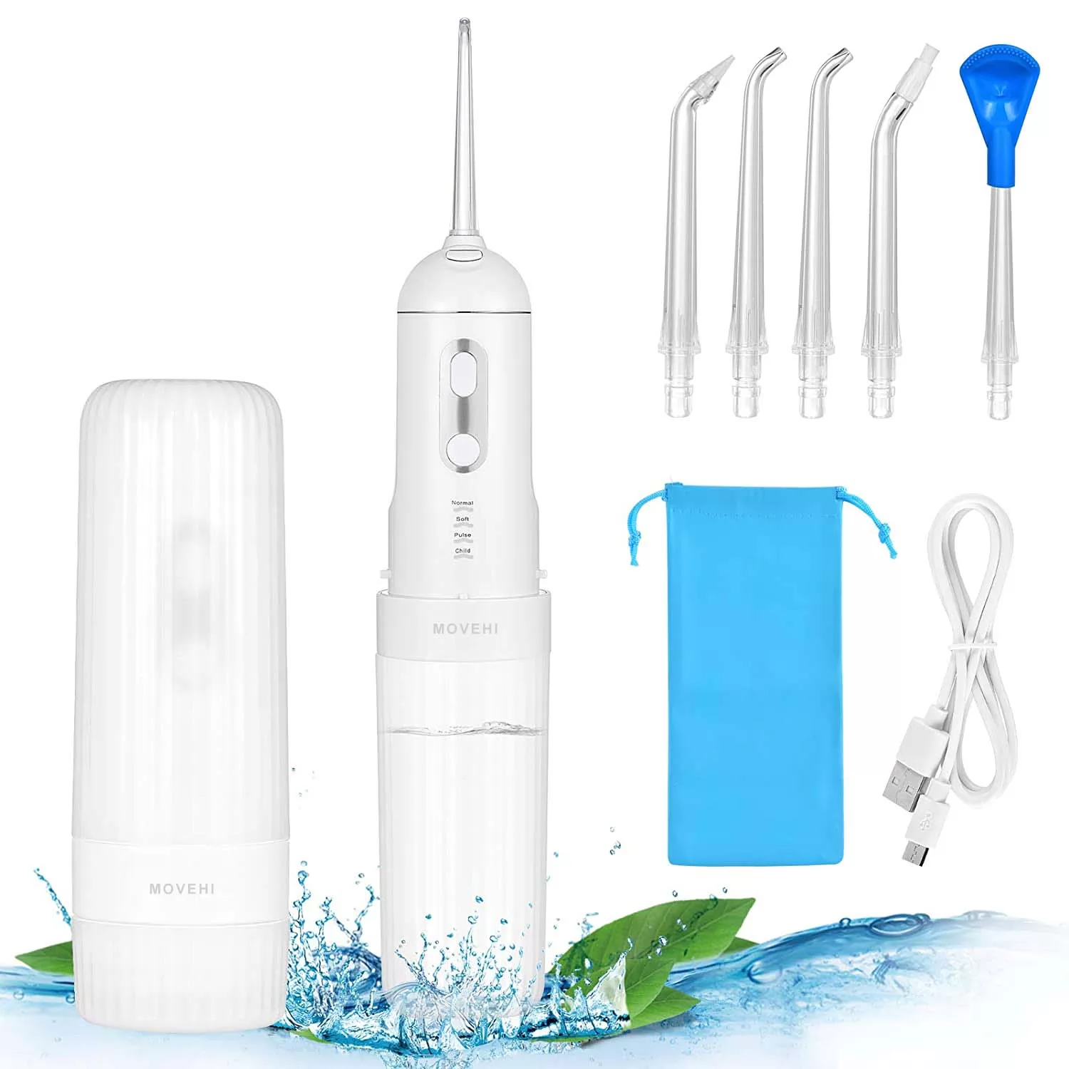 MOVEHI Water Flosser Cordless,Dental Oral Irrigator Rechargeable & Portable Water Pick Teeth Cleaner,100% Waterproof (White)