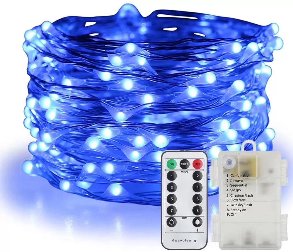 Kwavoleung Fairy Lights Battery Operated Waterproof 8 Modes with Remote Timer, 33ft Silver Coated Copper Wire String Lights for Home Decor (Blue)