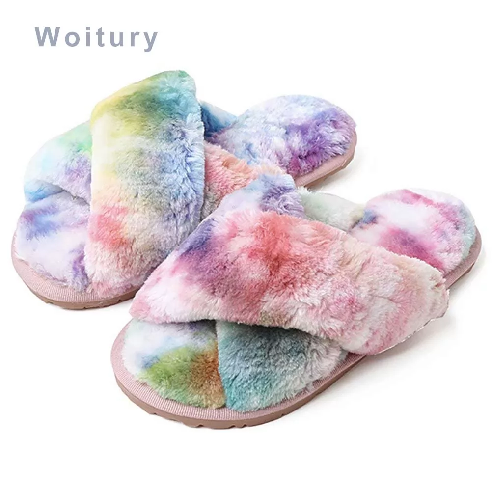 Woitury Women's Fleece Slippers Plush Cross Band Open Toe Slippers Rainbow Color Footwear