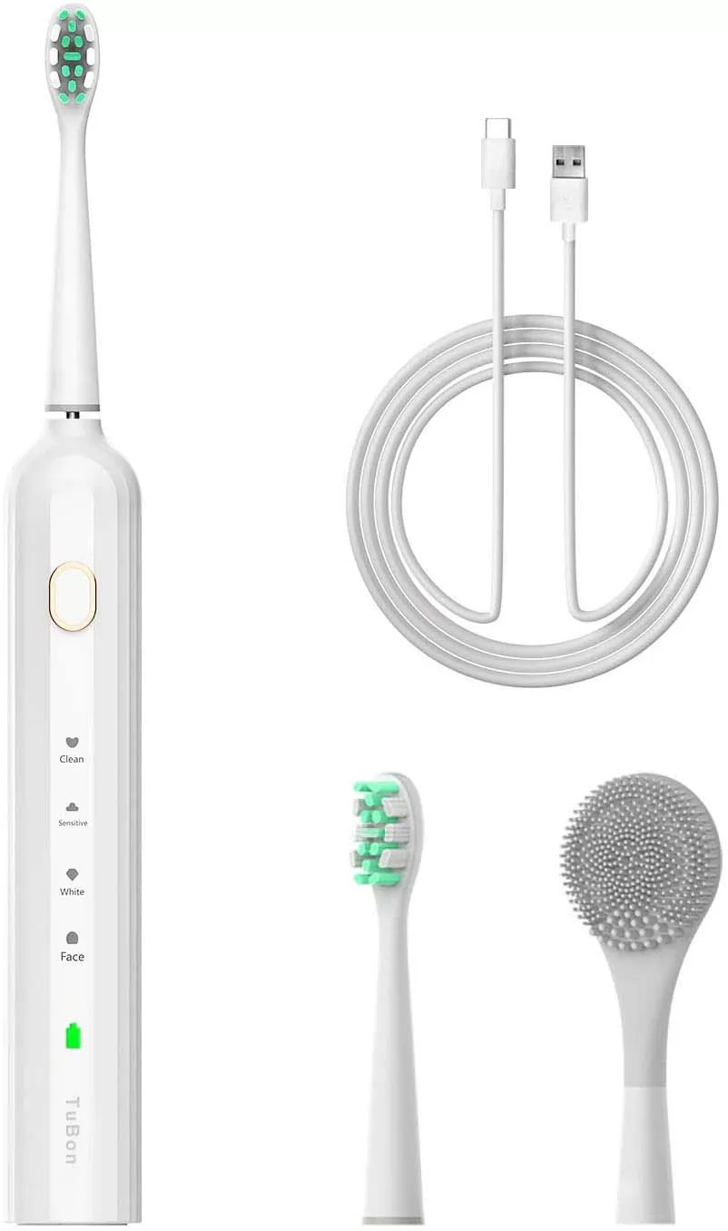 TuBon Electric Toothbrush with Face Wash Brush Sonic USB Rechargeable Toothbrush, IPX7 Waterproof, Large Capacity Battery, 4 Care Modes